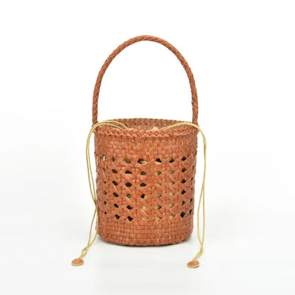 Genuine Leather Bucket Bag Women's Cowhide Hollow Out Vintage Waven Bags Casual Shopping Barrel-shaped Handbags 2024 New Bolsos