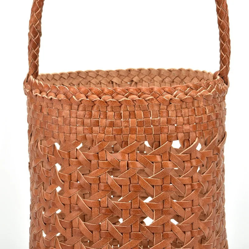 Genuine Leather Bucket Bag Women's Cowhide Hollow Out Vintage Waven Bags Casual Shopping Barrel-shaped Handbags 2024 New Bolsos
