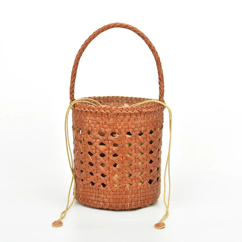 Genuine Leather Bucket Bag Women's Cowhide Hollow Out Vintage Waven Bags Casual Shopping Barrel-shaped Handbags 2024 New Bolsos