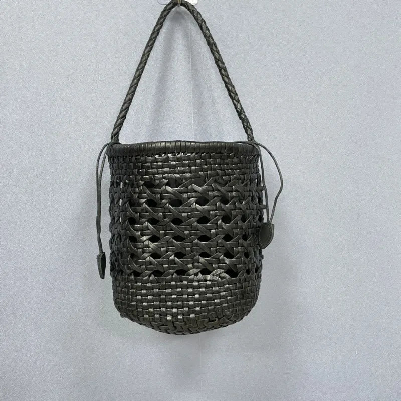 Genuine Leather Bucket Bag Women's Cowhide Hollow Out Vintage Waven Bags Casual Shopping Barrel-shaped Handbags 2024 New Bolsos