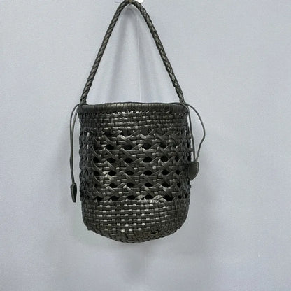 Genuine Leather Bucket Bag Women's Cowhide Hollow Out Vintage Waven Bags Casual Shopping Barrel-shaped Handbags 2024 New Bolsos