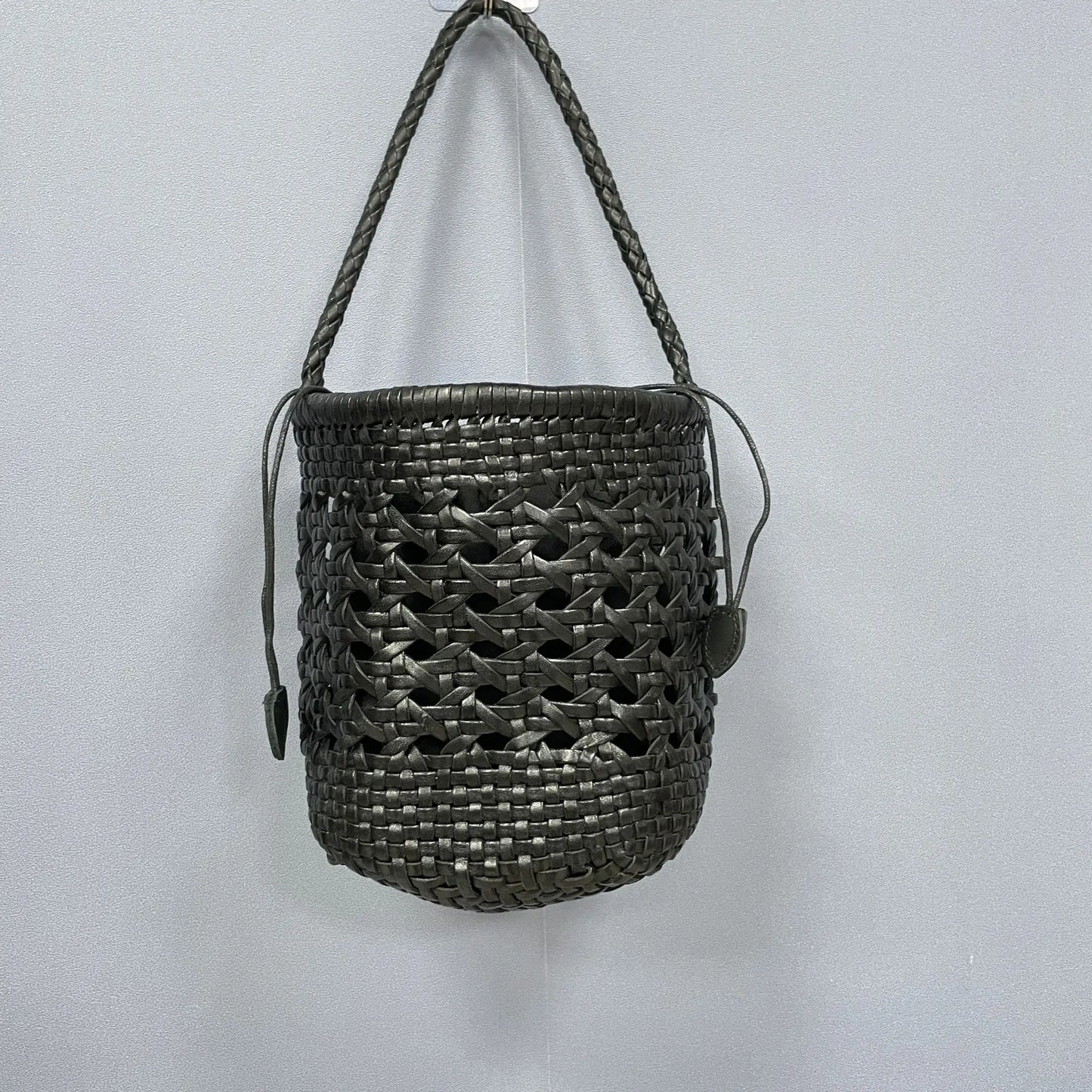 Genuine Leather Bucket Bag Women's Cowhide Hollow Out Vintage Waven Bags Casual Shopping Barrel-shaped Handbags 2024 New Bolsos