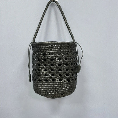 Genuine Leather Bucket Bag Women's Cowhide Hollow Out Vintage Waven Bags Casual Shopping Barrel-shaped Handbags 2024 New Bolsos