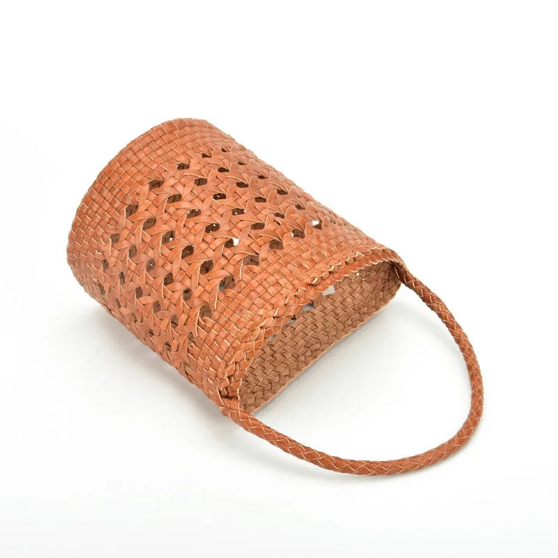 Genuine Leather Bucket Bag Women's Cowhide Hollow Out Vintage Waven Bags Casual Shopping Barrel-shaped Handbags 2024 New Bolsos