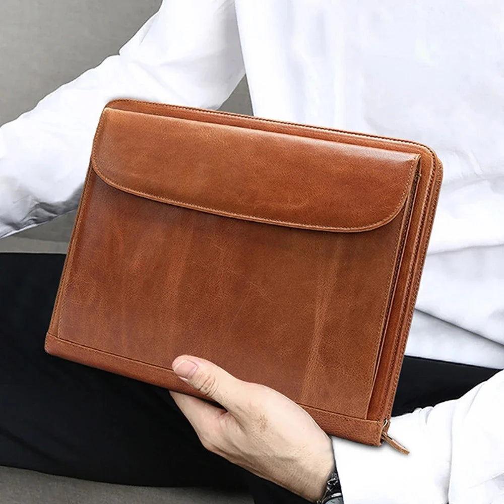 Genuine Leather Business Large Capacity Handbag Envelope File Cowhide Zipper Men's Bag