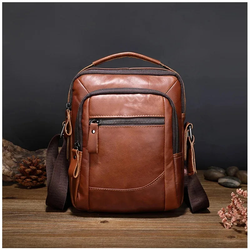 Genuine Leather Business Men's Crossbody Fashion Cowhide Male Shoulder Vintage Messenger Small Hand Tote Bag