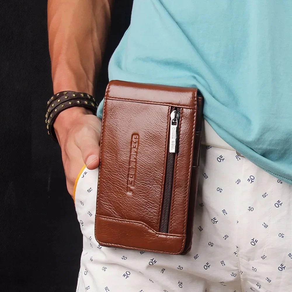 Genuine Leather Cell/Mobile Phone Case Cover Fanny Pack Belt Bags Hook Purse Pouch Hot Sale Casual Men Loops Bum Waist Hip Bag