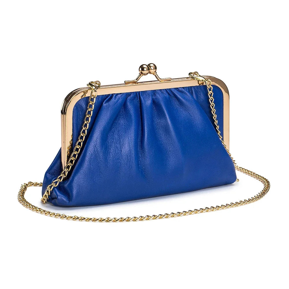 Genuine Leather Clip Banquet Pleated Soft Cowhide Wallet Diagonal Chain Mobile Phone Bag