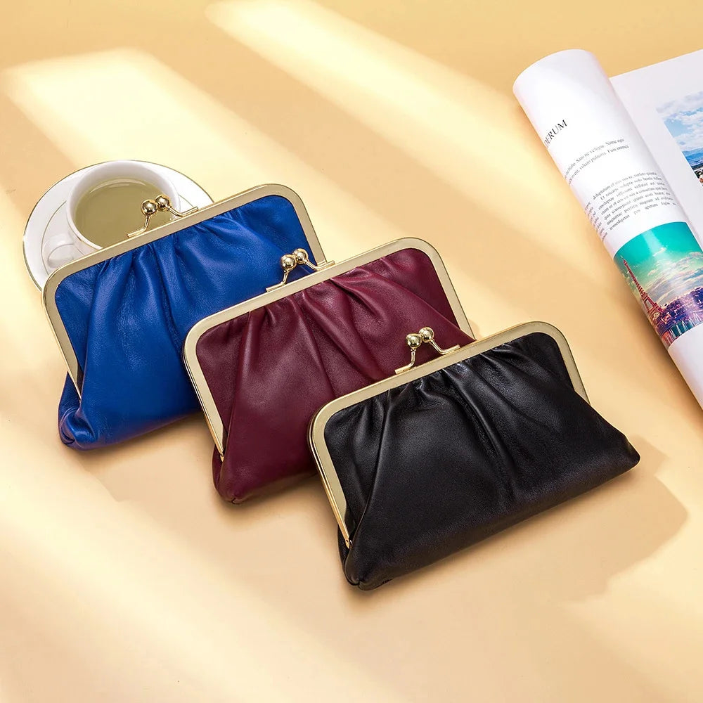 Genuine Leather Clip Banquet Pleated Soft Cowhide Wallet Diagonal Chain Mobile Phone Bag