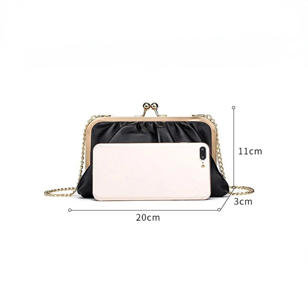 Genuine Leather Clip Banquet Pleated Soft Cowhide Wallet Diagonal Chain Mobile Phone Bag