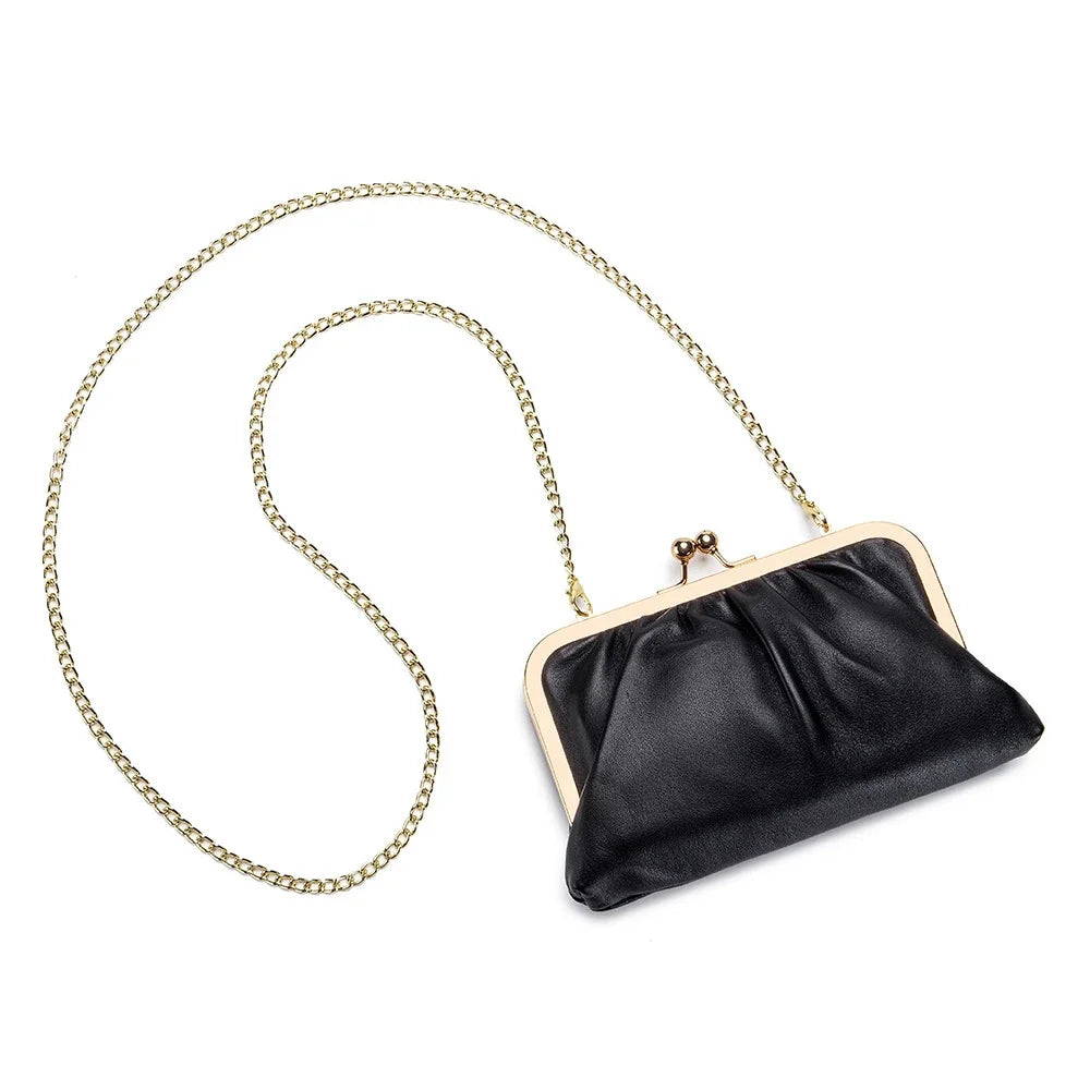 Genuine Leather Clip Banquet Pleated Soft Cowhide Wallet Diagonal Chain Mobile Phone Bag