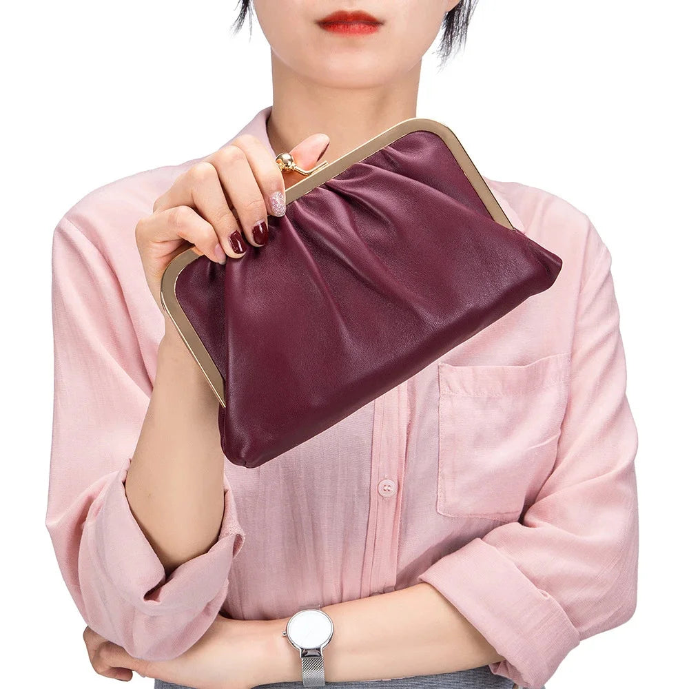 Genuine Leather Clip Banquet Pleated Soft Cowhide Wallet Diagonal Chain Mobile Phone Bag