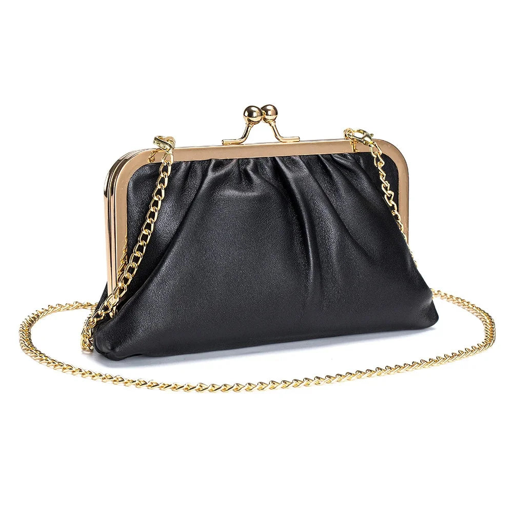 Genuine Leather Clip Banquet Pleated Soft Cowhide Wallet Diagonal Chain Mobile Phone Bag