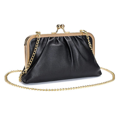 Genuine Leather Clip Banquet Pleated Soft Cowhide Wallet Diagonal Chain Mobile Phone Bag