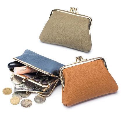Genuine Leather Clutch Bag for Women Kiss Lock Retro Coin Organizer Cute Purse Classic Double Pocket Wallet