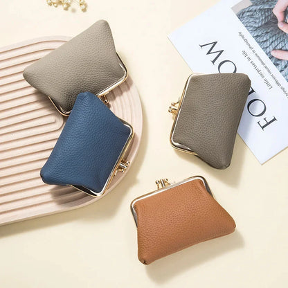 Genuine Leather Clutch Bag for Women Kiss Lock Retro Coin Organizer Cute Purse Classic Double Pocket Wallet