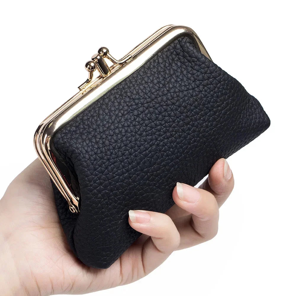 Genuine Leather Clutch Bag for Women Kiss Lock Retro Coin Organizer Cute Purse Classic Double Pocket Wallet