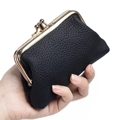 Genuine Leather Clutch Bag for Women Kiss Lock Retro Coin Organizer Cute Purse Classic Double Pocket Wallet