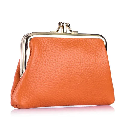 Genuine Leather Clutch Bag for Women Kiss Lock Retro Coin Organizer Cute Purse Classic Double Pocket Wallet