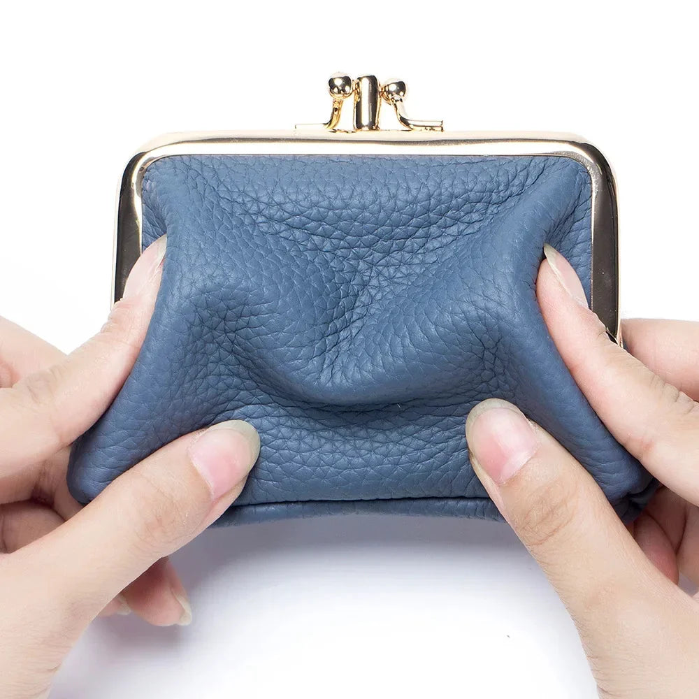 Genuine Leather Clutch Bag for Women Kiss Lock Retro Coin Organizer Cute Purse Classic Double Pocket Wallet