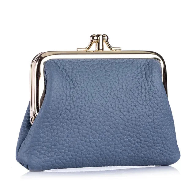 Genuine Leather Clutch Bag for Women Kiss Lock Retro Coin Organizer Cute Purse Classic Double Pocket Wallet