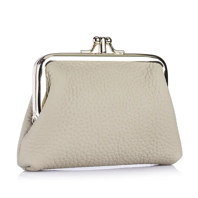 Genuine Leather Clutch Bag for Women Kiss Lock Retro Coin Organizer Cute Purse Classic Double Pocket Wallet