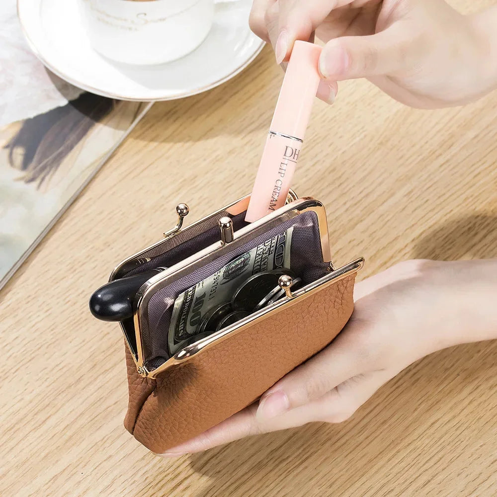 Genuine Leather Clutch Bag for Women Kiss Lock Retro Coin Organizer Cute Purse Classic Double Pocket Wallet
