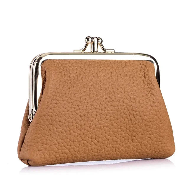 Genuine Leather Clutch Bag for Women Kiss Lock Retro Coin Organizer Cute Purse Classic Double Pocket Wallet