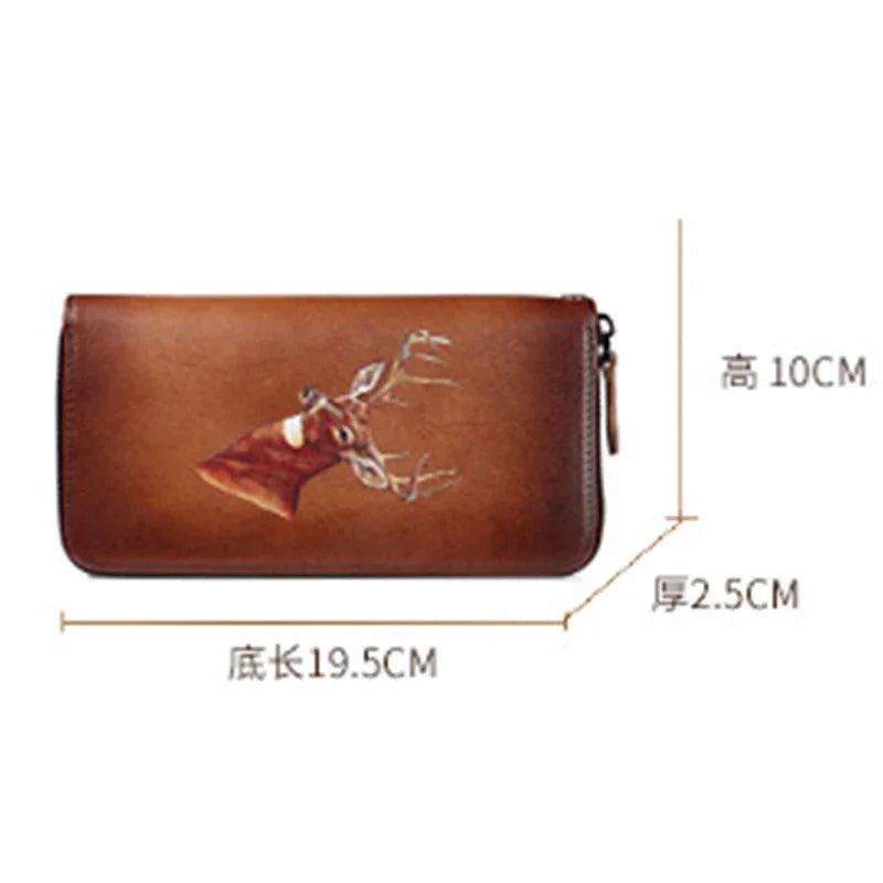 Genuine Leather Clutch Women Purse Deer Pattern High Quality Designer Brand Cards Holder Female Money Bag Zipper Long Wallets