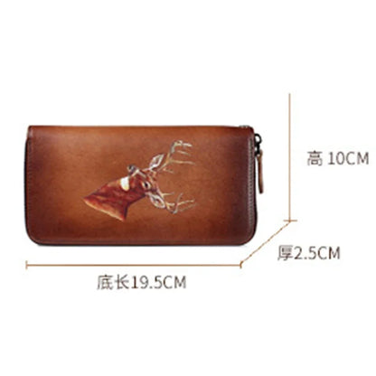 Genuine Leather Clutch Women Purse Deer Pattern High Quality Designer Brand Cards Holder Female Money Bag Zipper Long Wallets