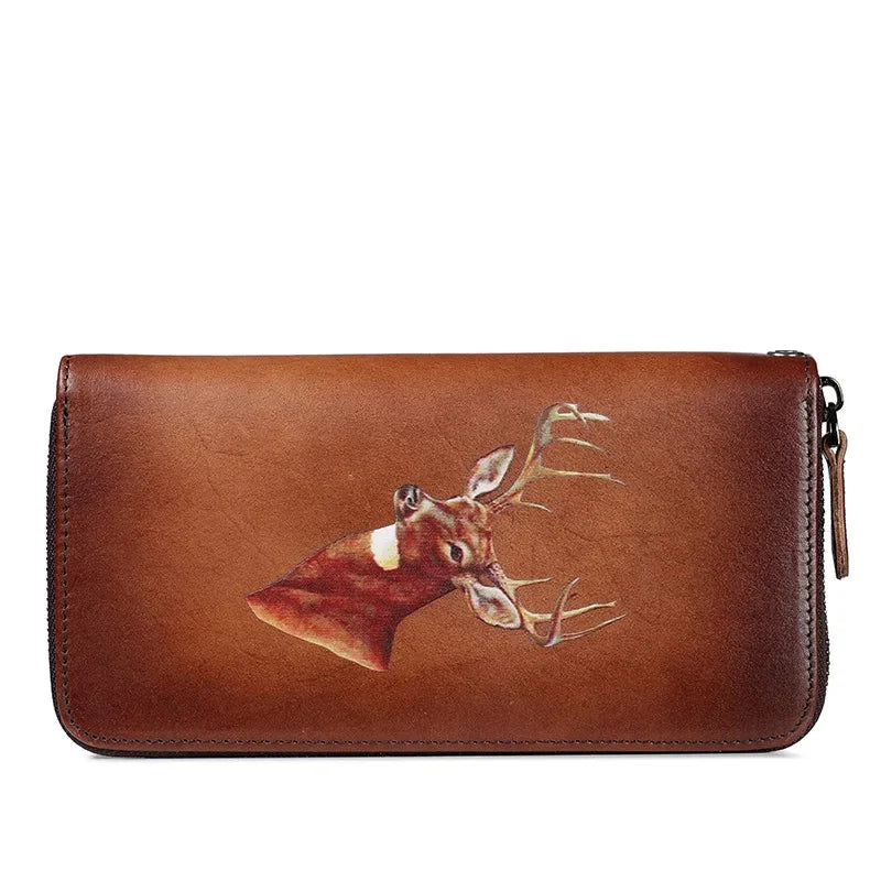 Genuine Leather Clutch Women Purse Deer Pattern High Quality Designer Brand Cards Holder Female Money Bag Zipper Long Wallets
