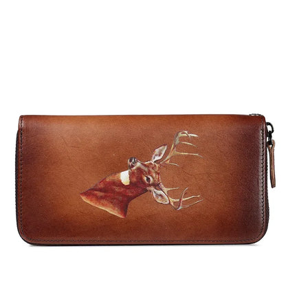 Genuine Leather Clutch Women Purse Deer Pattern High Quality Designer Brand Cards Holder Female Money Bag Zipper Long Wallets