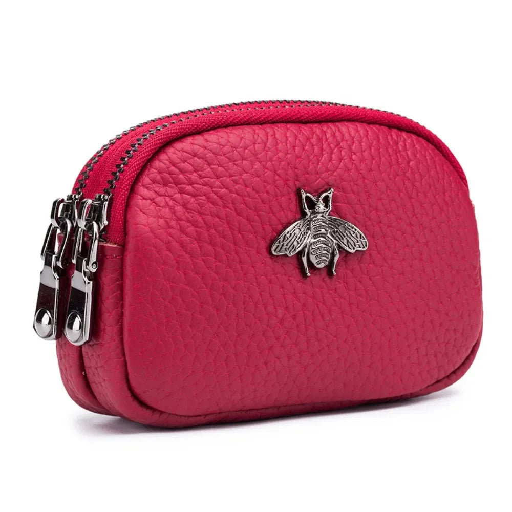 Genuine Leather Coin Wallet with Double Zipper Mini Change Bag