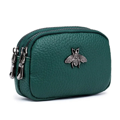 Genuine Leather Coin Wallet with Double Zipper Mini Change Bag
