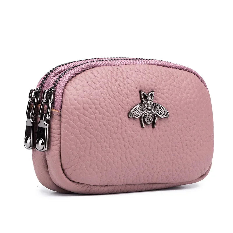 Genuine Leather Coin Wallet with Double Zipper Mini Change Bag