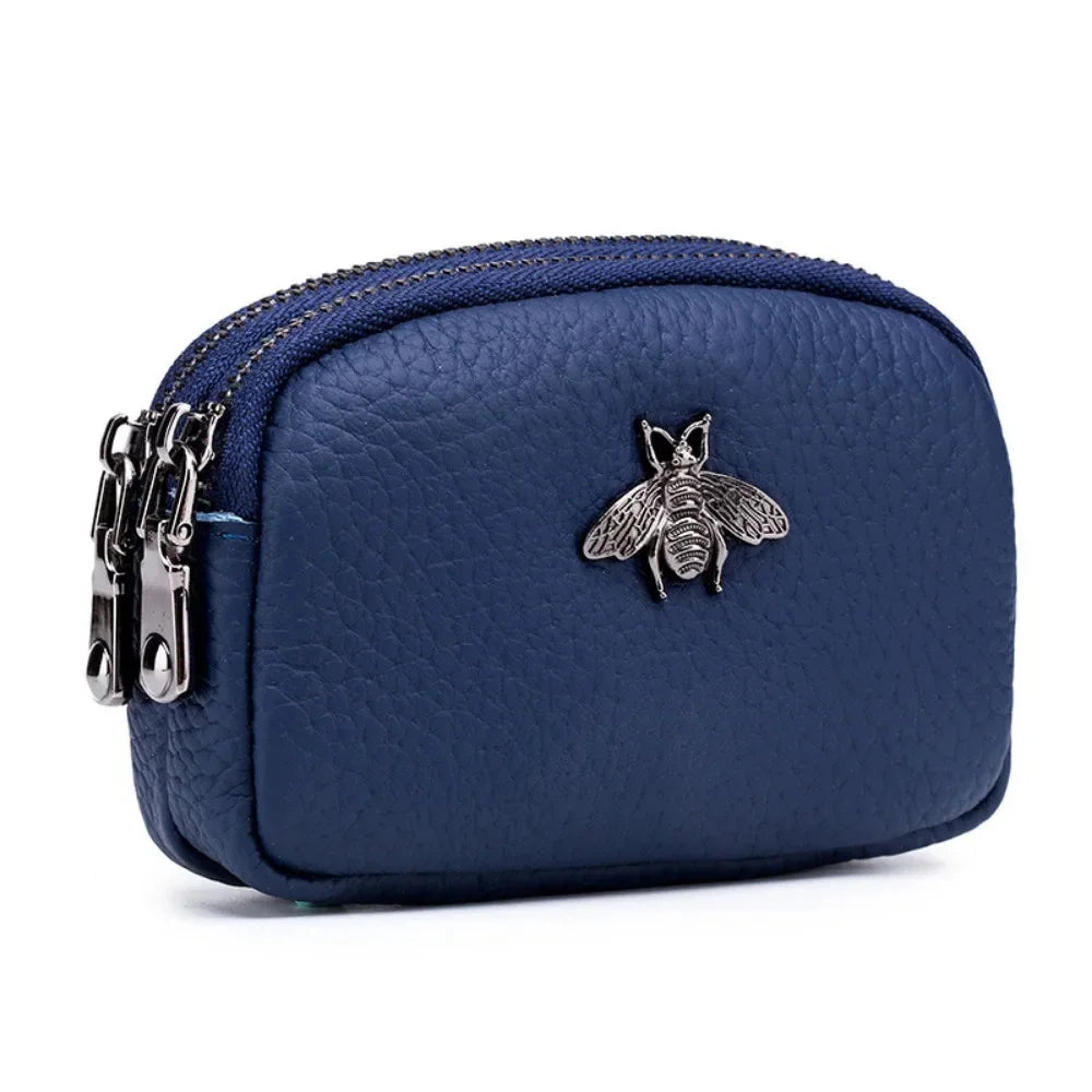 Genuine Leather Coin Wallet with Double Zipper Mini Change Bag