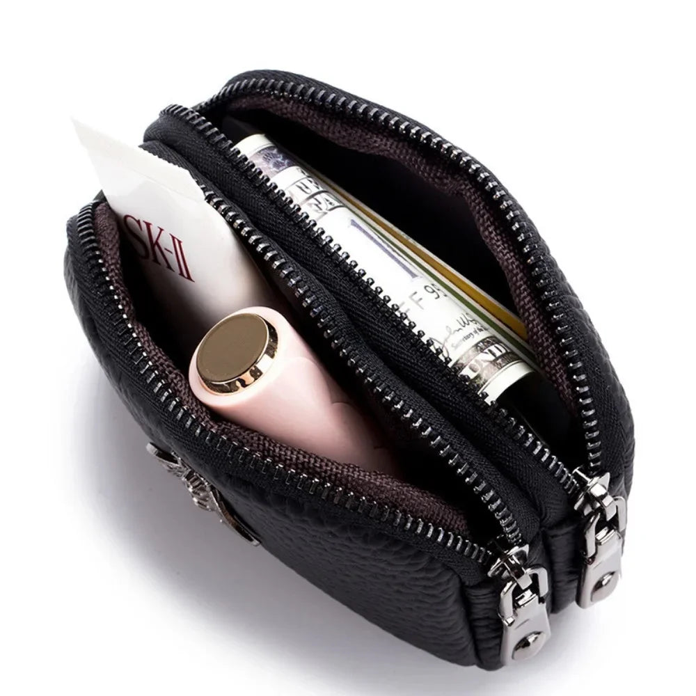 Genuine Leather Coin Wallet with Double Zipper Mini Change Bag