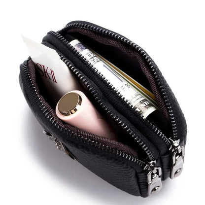 Genuine Leather Coin Wallet with Double Zipper Mini Change Bag