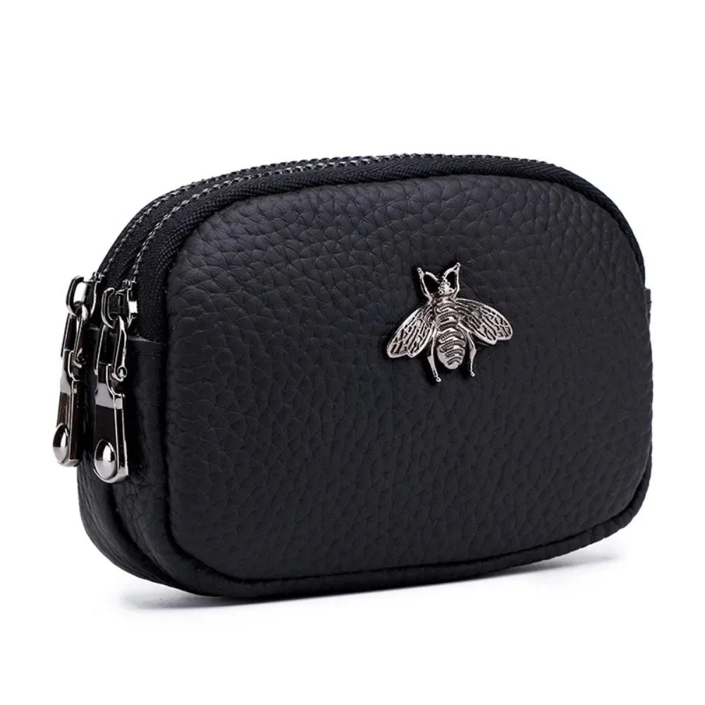Genuine Leather Coin Wallet with Double Zipper Mini Change Bag