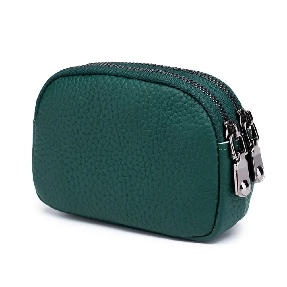 Genuine Leather Coin Wallet with Double Zipper Mini Change Bag