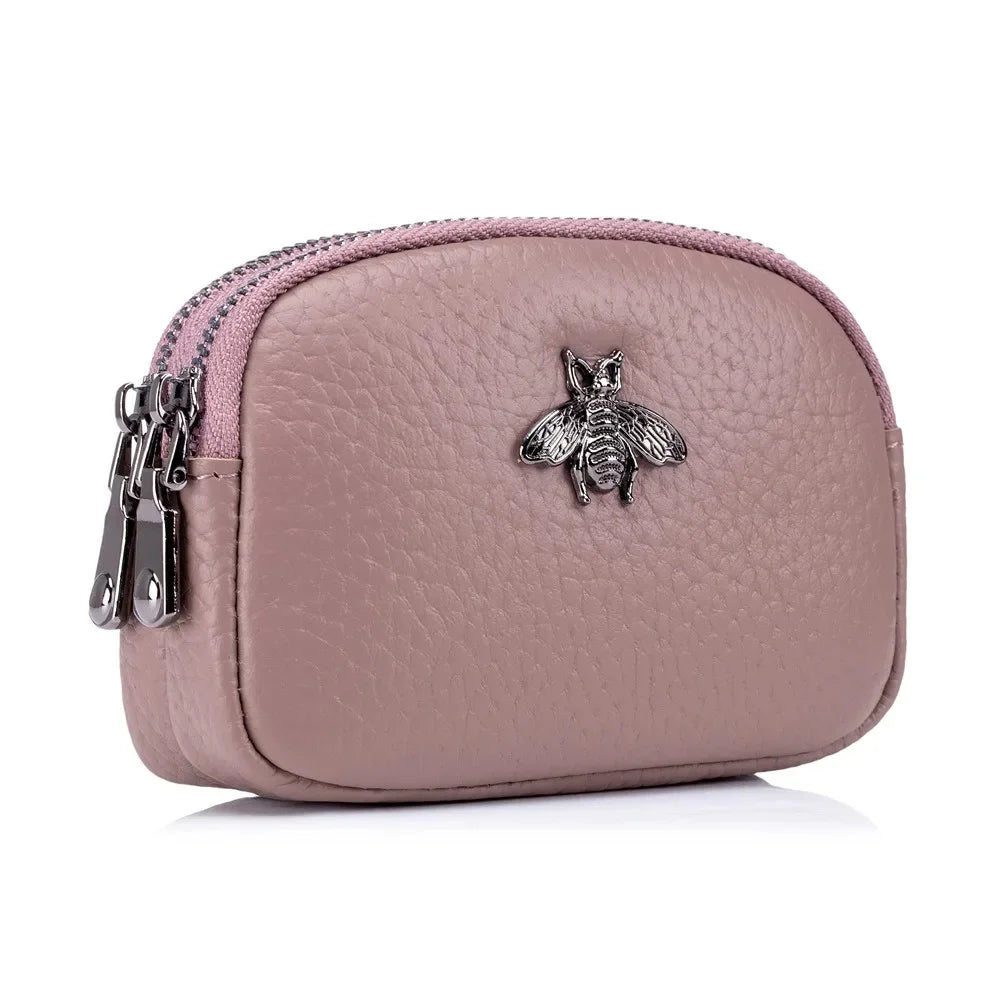 Genuine Leather Coin Wallet with Double Zipper Mini Change Bag