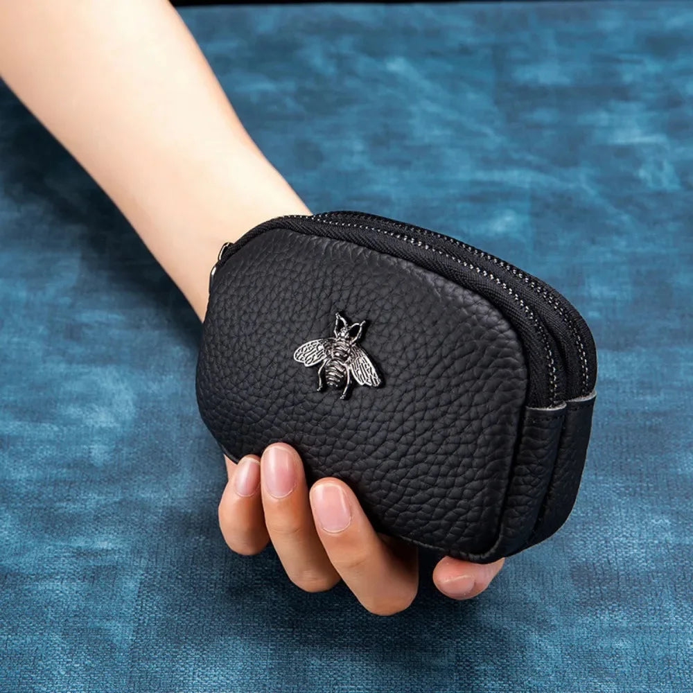 Genuine Leather Coin Wallet with Double Zipper Mini Change Bag