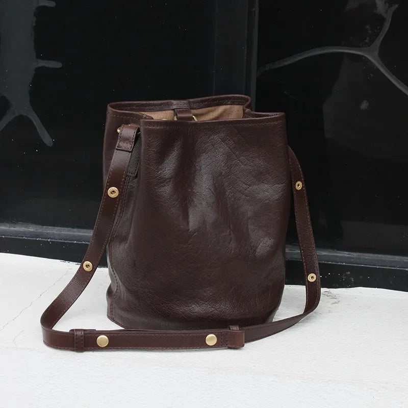 Genuine Leather Cowhide Bucket Bag Large Capacity Commuter Underarm Shoulder Bags Female Handbag Simple All-match Luxury Bolsos