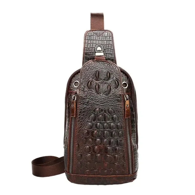 Genuine Leather Crocodile Pattern Men's Chest Cowhide Crossbody Large Capacity Male Shoulder Vintage Sling Bag