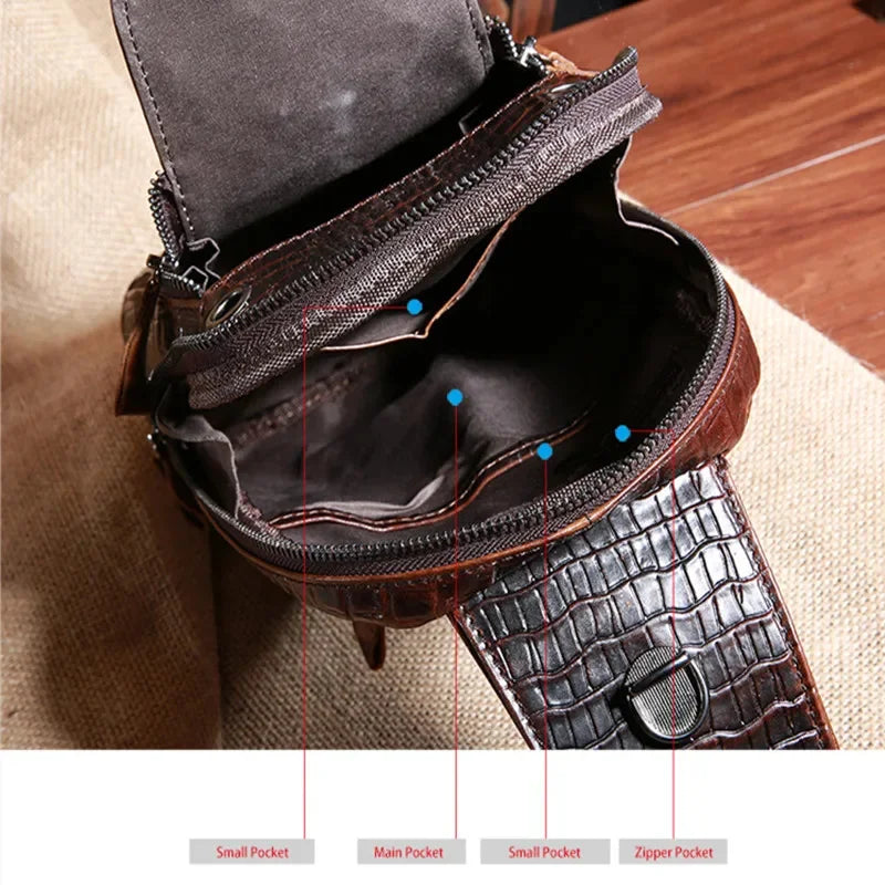 Genuine Leather Crocodile Pattern Men's Chest Cowhide Crossbody Large Capacity Male Shoulder Vintage Sling Bag