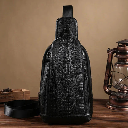 Genuine Leather Crocodile Pattern Men's Chest Luxury Crossbody Large Capacity Male Shoulder Vintage Sling Bag