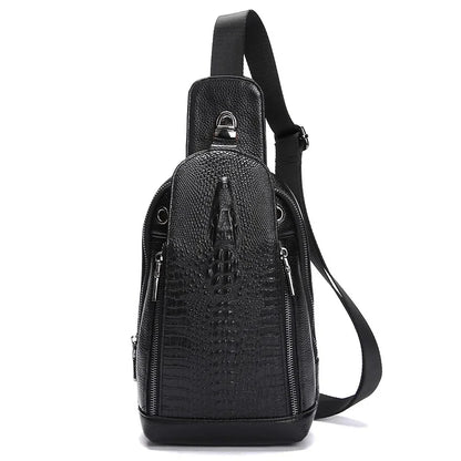 Genuine Leather Crocodile Pattern Men's Chest Luxury Crossbody Large Capacity Male Shoulder Vintage Sling Bag