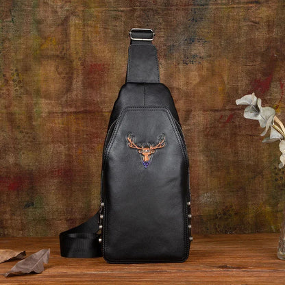 Genuine Leather Deer Head Men's Chest Large Capacity Crossbody Vintage Business Shoulder Cowhide Sling Bag