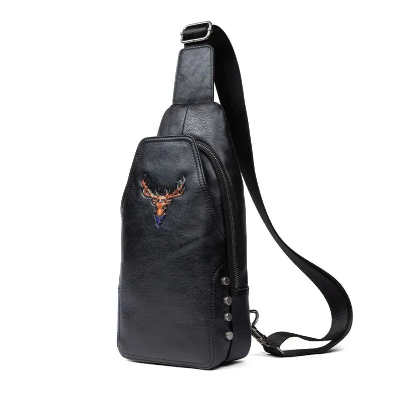 Genuine Leather Deer Head Men's Chest Large Capacity Crossbody Vintage Business Shoulder Cowhide Sling Bag