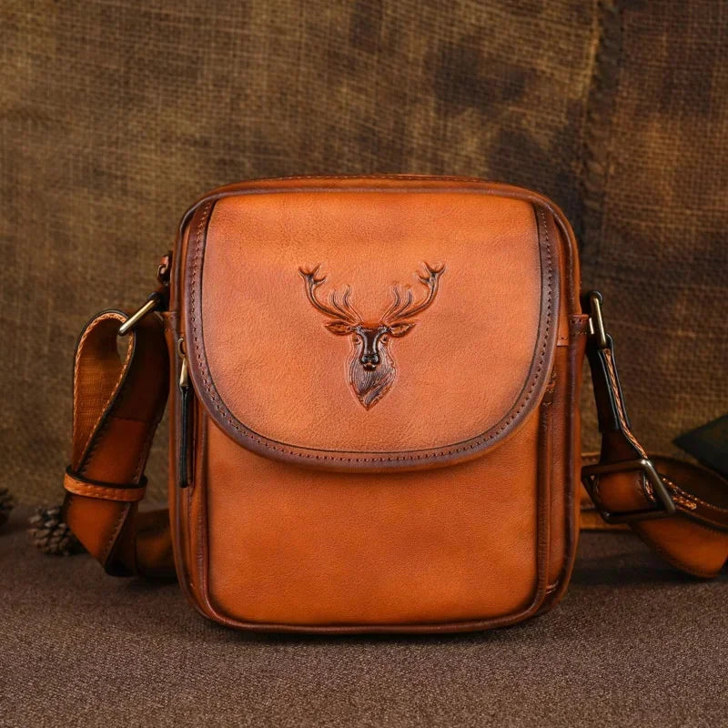 Genuine Leather Deer Head Men's Shoulder Vintage Cowhide Crossbody Fashion Messenger Bag Man Strap Handbags